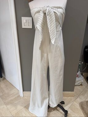 Active USA Ivory Pinstripe Strapless Wide-Leg Jumpsuit